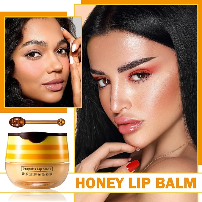 Lip Balm Honey Pot,Moisturizing Lip Balm Reduces Lip Lines,Propolis Honey Pot Lip Balm Hydrating Prevention Dry and Cracked Lip Scrubs Exfoliator,Exfoliating Lip Sleeping Mask with Brush