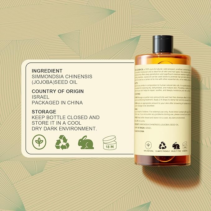 Yoken Pure Jojoba Oil Organic USDA Certified 16 fl oz, 100% Natural Jojoba Oil for Hair, Skin & Face, Cold Pressed Unrefined, Deeply Moisturizing Body Carrier Oils for Essential Oils Mixing