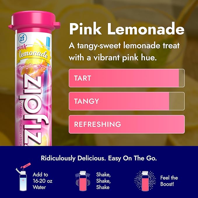 Zipfizz Daily Energy Drink Powder, Pink Lemonade, 12 Pack | 3-in-1 Sustained Energy, Rapid Hydration, and Essential Vitamins | Sugar-Free | Electrolyte Powder | Contains Vitamin B-12 & Antioxidants