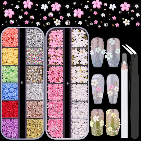 3D Flowers for Nails, Colorful Acrylic Flower Nail Charms with Caviar Beads, Flat Back Glass Crystal AB + Clear Gemstones Round Gems Rhinestones for Nails and Acrylic Nails with Dotting Tools
