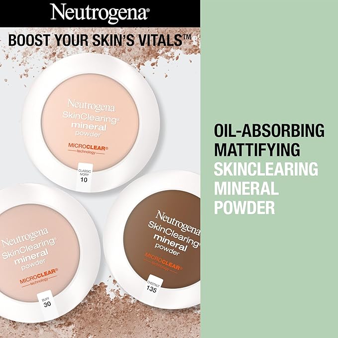 Neutrogena SkinClearing Mineral Acne-Concealing Pressed Powder Compact, Shine-Free & Oil-Absorbing Makeup with Salicylic Acid to Cover, Treat & Prevent Breakouts, Soft Beige 50,.38 oz