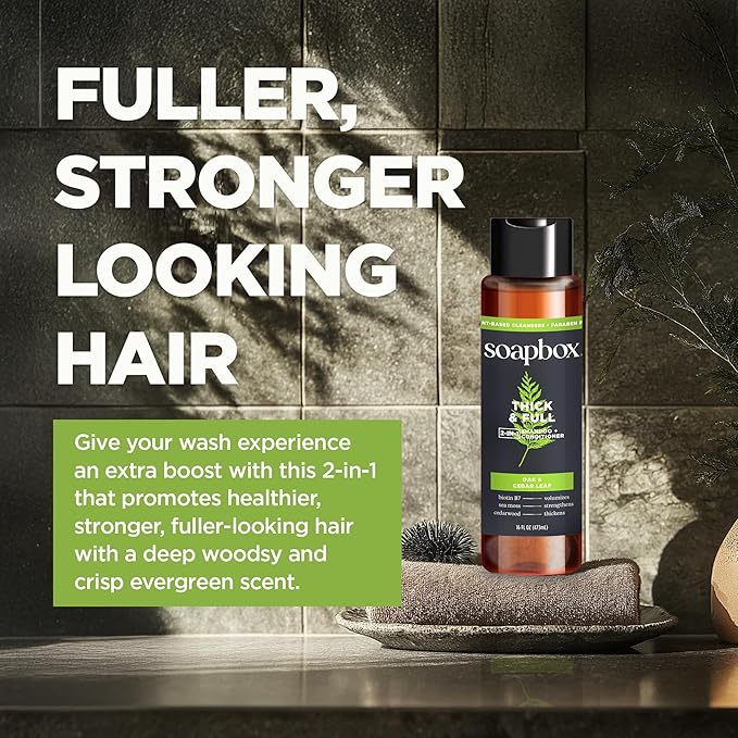 Soapbox Men's Thick and Full 2 in 1 Shampoo and Conditioner Men, Natural Mens Shampoo and Conditioner, Oak & Cedar Leaf, 16oz