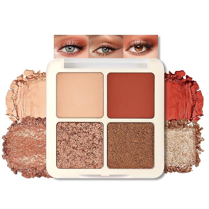 Erinde Quads Matte Eye Shadow Powder Makeup Palette, Nude Neutral Brown & Champagne Pink Shimmer Eyeshadow, Long Wearing Waterproof Everyday Eye Makeup, sombras de ojos, Maple Champagne
