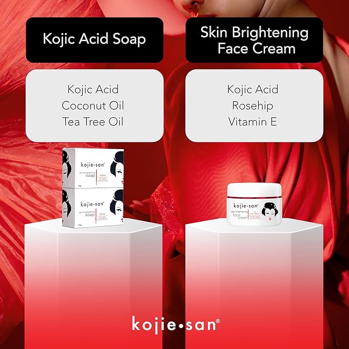 Kojie San Skincare Bundle - Facial Brightening Set with 2 Bars of Kojic Acid Soap, Face Cream & Exfoliating Face Brush