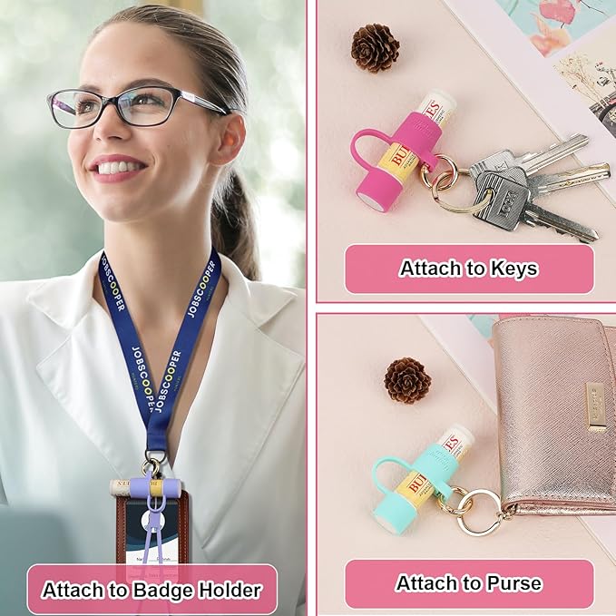 Desing Wish Silicone Lip Balm Holder with Cap Cover Portable Chapstick Holder Keychain Sleeve Lip Balm Key Chain with Key Ring and Wrist Strap Lanyard - Rose