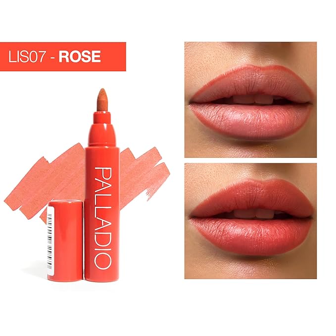 Palladio Lip Stain, Hydrating and Waterproof Formula, Matte Color Look, Longlasting All Day Wear Lip Color, Smudge Proof Natural Finish, Precise Chisel Tip Marker, Rose