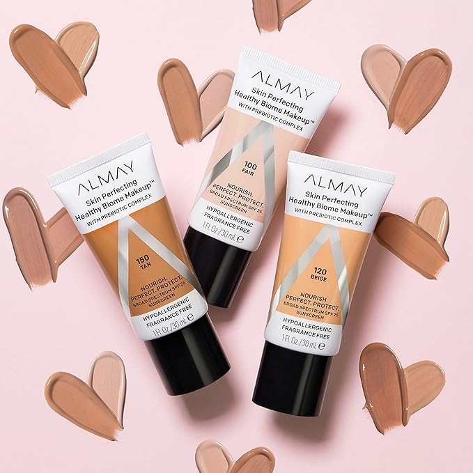 Almay Skin Perfecting Healthy Biome Foundation Makeup with Prebiotic Complex SPF 25, Hypoallergenic, -Fragrance Free, 100 Fair, 1 fl. oz.