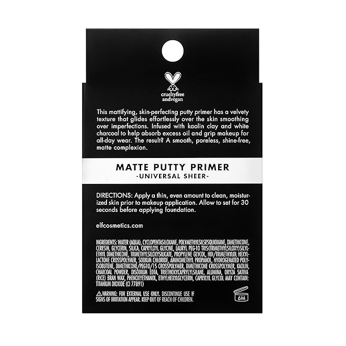 e.l.f., Matte Putty Primer, Skin Perfecting, Lightweight, Oil-free formula, Mattifies, Absorbs Excess Oil, Fills in Pores and Fine Lines, Soft, Matte Finish, All-Day Wear, 0.74 Oz