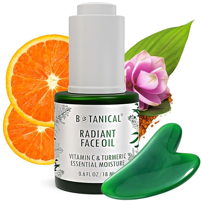 Botanical Radiant Face Oil | Skin Brightening Turmeric & Vitamin C Serum w/Gua Sha Lift Scraper | Organic, Pure, Natural Skincare (0.6 fl oz | 18 ml)