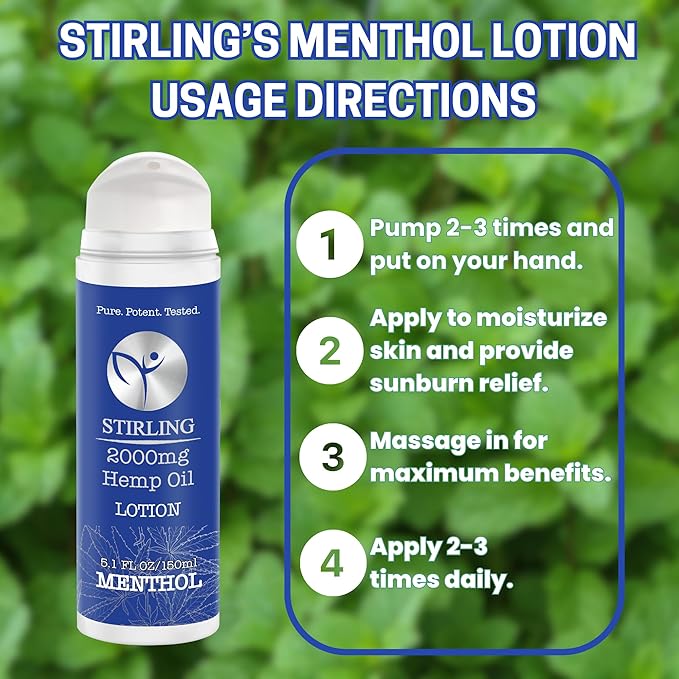 STIRLING Menthol Lotion + Hemp Oil – Maximum strength relief with cooling menthol and 100% pure hemp oil to soothe joints, relax muscles, and hydrate with aloe vera. 5 fl oz. (2000mg, Menthol)