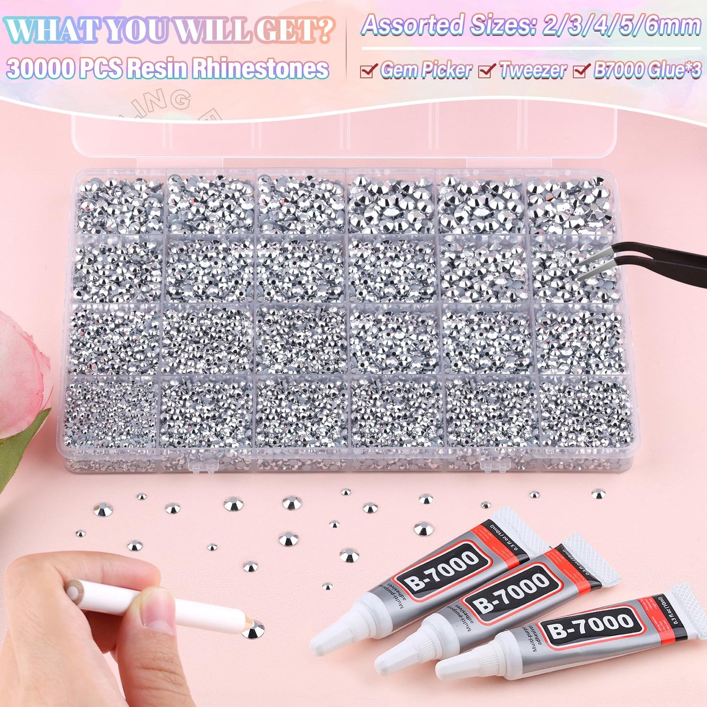 30000Pcs Resin Silver Rhinestones for Bedazzling Crafting with b7000 Jewelry Glue, Bulk Flatback Gems Bedazzler Kit for Crafts Clothes Shoes Fabric Nail Diamond Art, Assorted Size 2/3/4/5/6mm