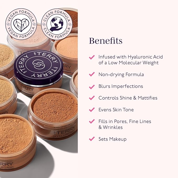 By Terry Hyaluronic Tinted Hydra-Powder, Non-Drying Loose Face Setting Powder, Blur Imperfections & Mattify, Medium Fair, 0.35 oz