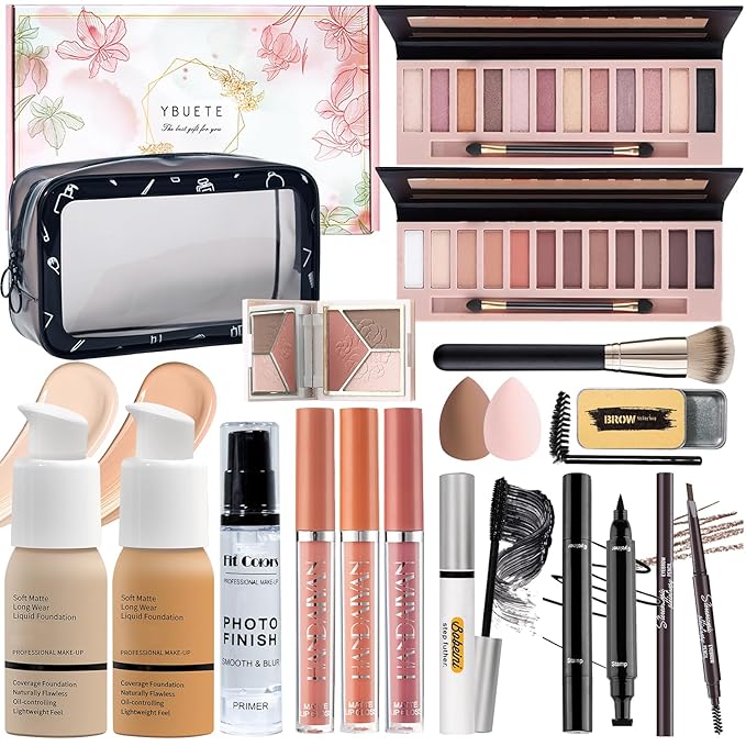 Makeup Set Kit for Women Full Kit, Makeup Present for Women Teen Girl, Eyeshadow Foundation Face Primer Brush 3 in 1 Palette Lip Gloss, Eyebrow Soap Mascara Eyeliner cosmetic bag