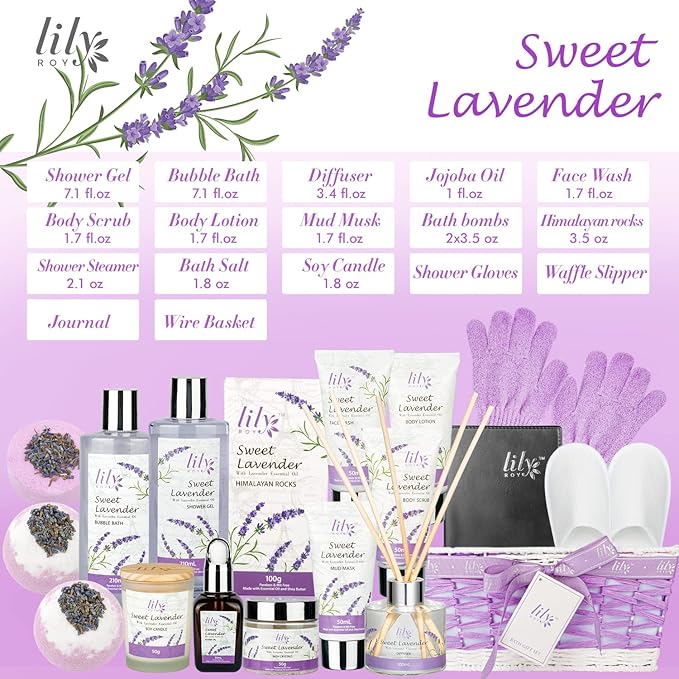 Mothers Day Gift for Mom - Relaxing 18-Piece Bath and Body Basket for Women Lavender Spa Gift Basket Set Bath Collection with Bath Bomb | Christmas, Birthday, Perfect Spa Present for Her All Occasions
