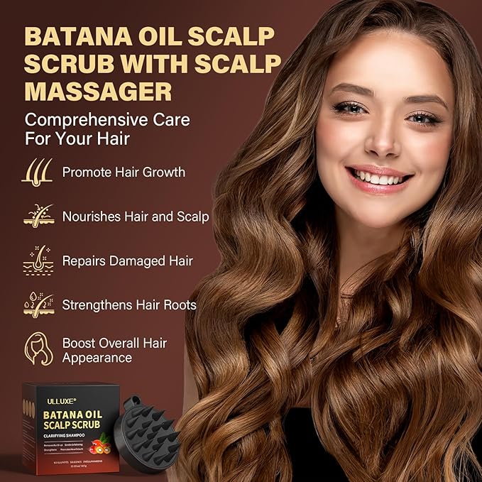 Scalp Scrub, 2-in-1 Scalp Exfoliator & Clarifying Shampoo for Dandruff, Dry, Itchy Scalp & Hair Growth, Batana Oil & Rosemary Scalp Treatment with Scalp Massager for Buildup & Thinning Hair, 10.93 oz
