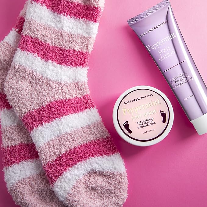 Live Green Bath and Body Pedicure Set- Relaxing Foot Care Set with Pink Fuzzy Socks, Peppermint Foot Lotion, and Foot Scrub, Holiday Present for Women