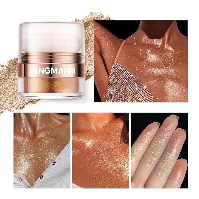 Glitter Body Highlighter Powder Body Shimmer Sparkle Face Brightening Highlighter Powder for Face Eyes Body Glow Makeup With sponge head（ Golden）