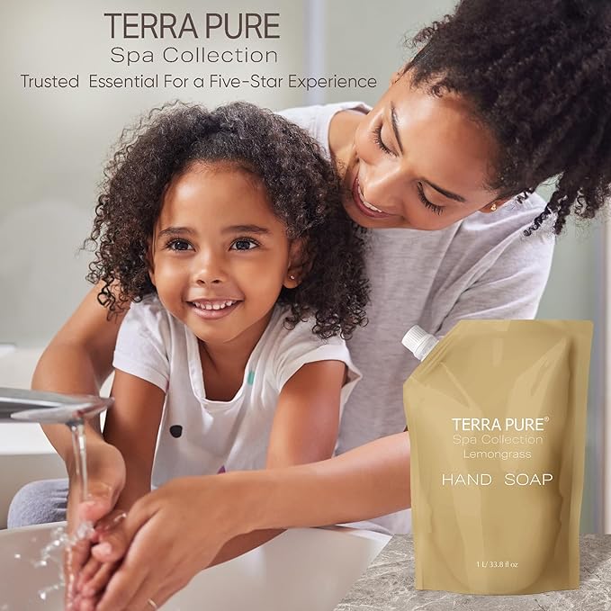 Terra Pure Spa Collection 1 Liter Hand Wash Refill Bag For Soap Dispensers | Bulk Toiletries for Vacation Rentals, and Home Bathroom Showers | Green Tea Lemongrass | Single