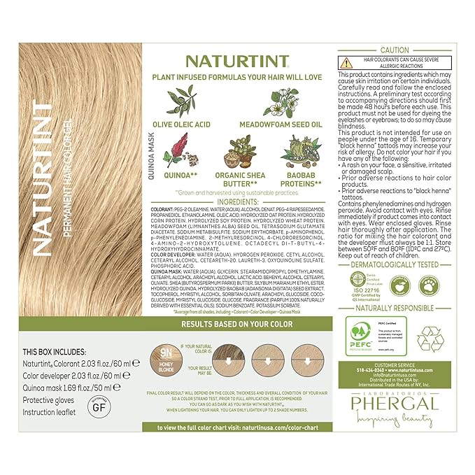 Naturtint 9N Honey Blonde Permanent Hair Color (Pack of 1), Ammonia Free, Vegan, Cruelty Free, up to 100% Gray Coverage, Long Lasting Results (Packaging may vary)