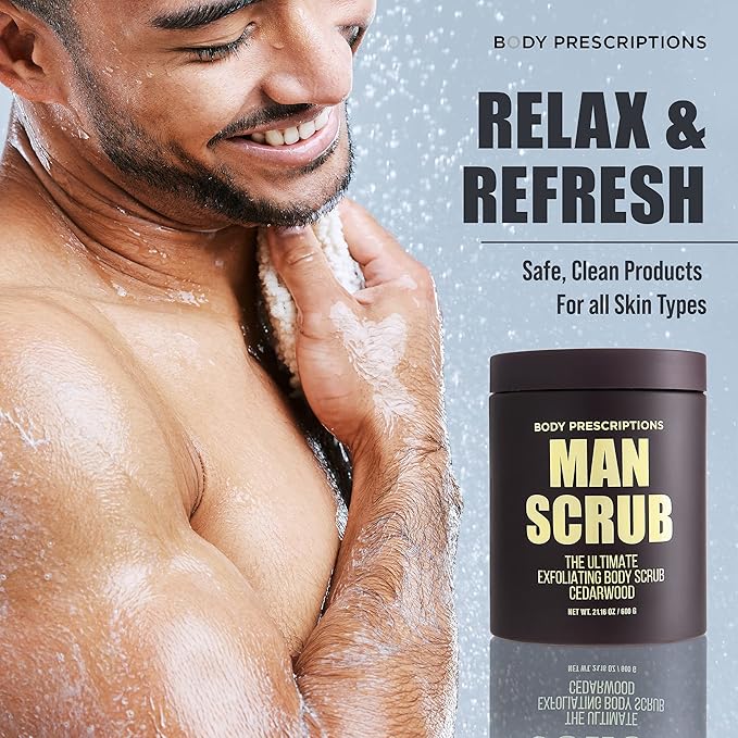 Body Prescriptions Men’s Exfoliating Body Scrub – Ultimate Skin Cleansing Wash in Jar with Twist-Top Lid, For All Skin Types, 21 Ounce (Pack of 1), Cedarwood