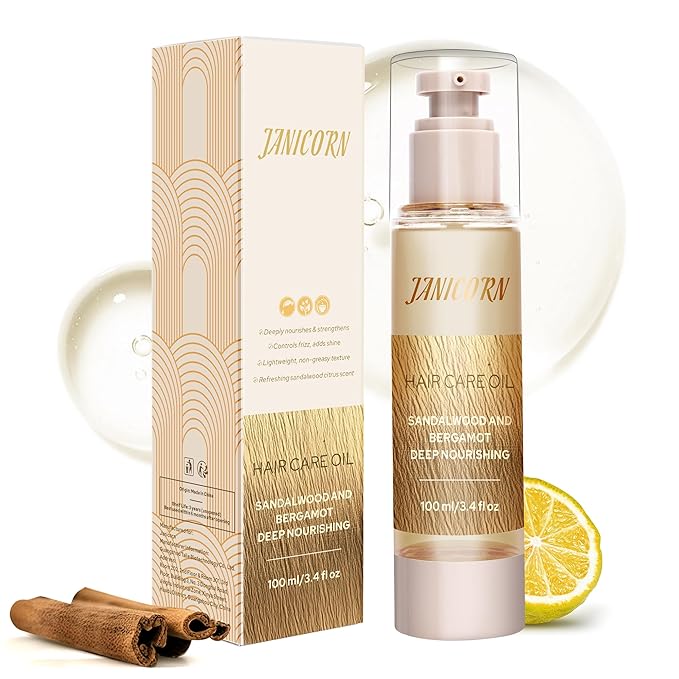 Leave-In Hair Oil with Sandalwood & Bergamot – Natural Essential Oil Aroma, Lightweight Frizz Control & Shine Enhancer for Dry or Damaged Hair – No-Rinse Oil, 3.4 fl oz (100ml)