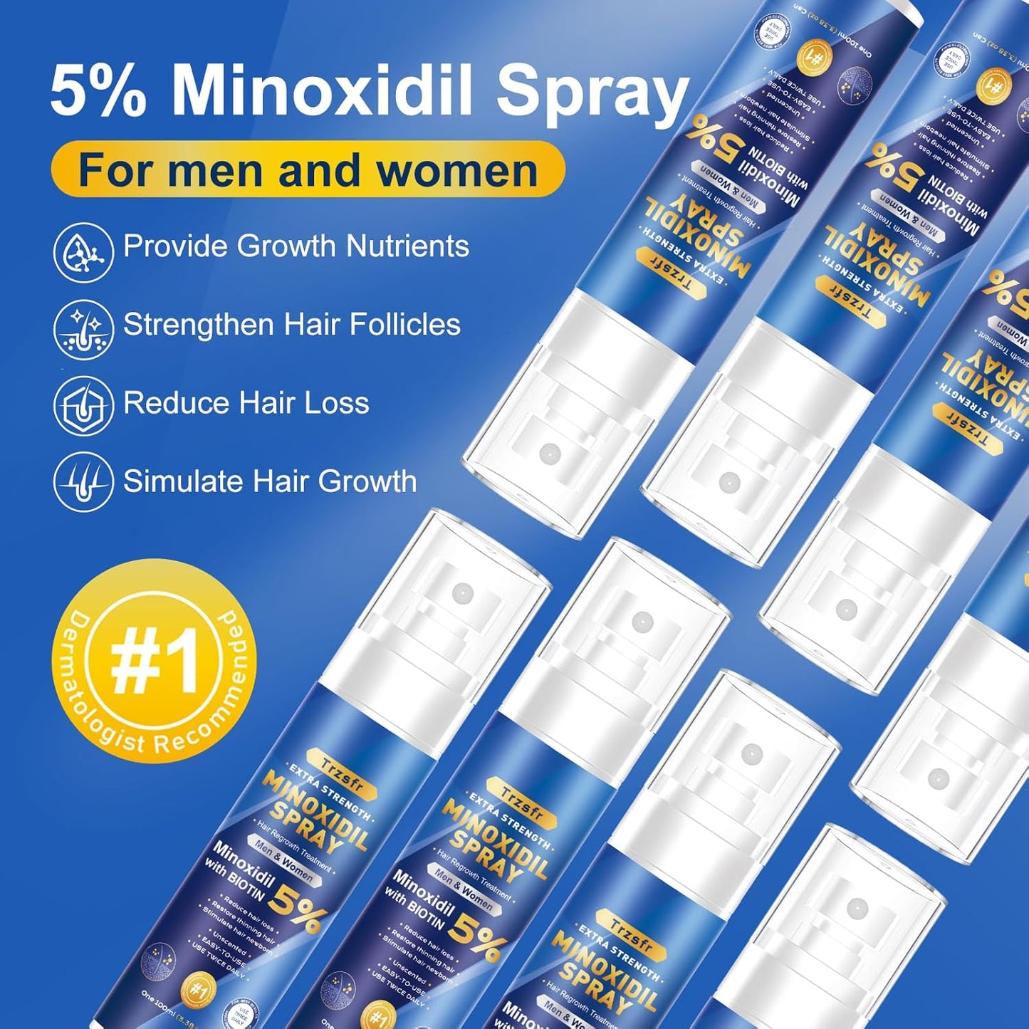 5% Minoxidil Spray for Men & Women - Hair Growth Serum & Hair Regrowth Treatment | Extra Strength with Biotin | 12-Month Supply 8-Pack (28 fl oz) | Clinically Proven for Hair Loss & beard growth