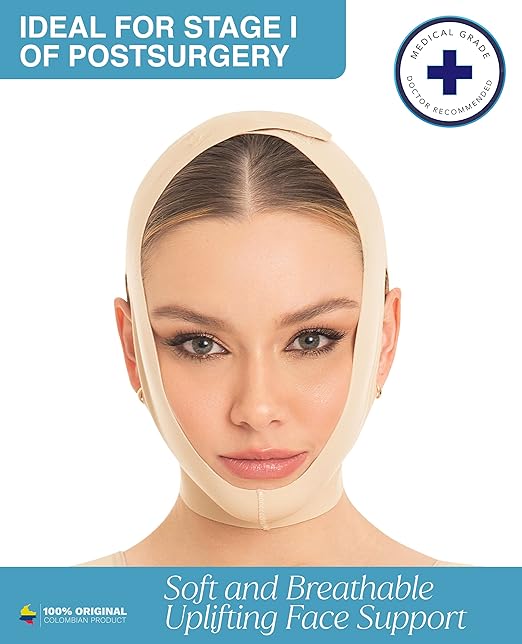 M&D Face Slimming Chin Strap Lipo Compression Garment Mentonera Postquirúrgica Facial Beige L