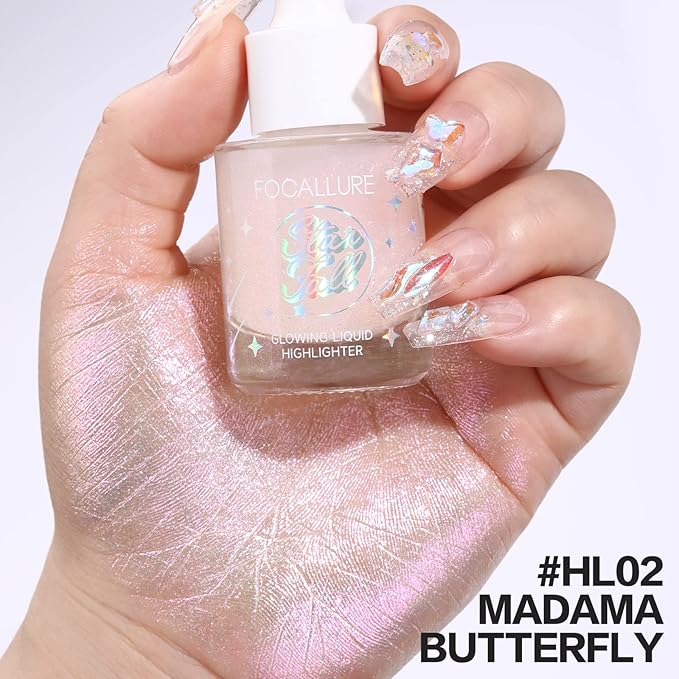 FOCALLURE Starfall Glowing Liquid Highlighter, Shimmering Body Oil, Non-Sticky Shimmer Liquid Luminizer, Non-Greasy, Face & Body Glitter Makeup for Costumes, Cosplay, Rave Festival, MADAMA BUTTERFLY
