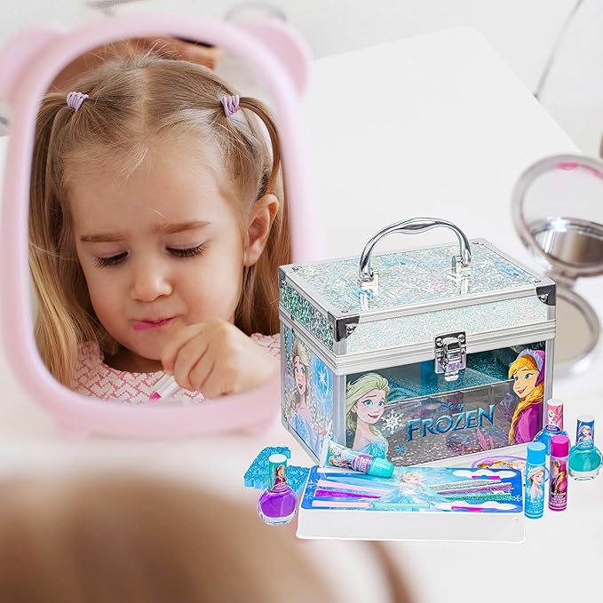 Disney Frozen Train Case Girls Beauty Set, Kids Makeup Kit for Girls, Real Washable Toy Makeup Set, Frozen Gift, Play Makeup, Pretend Play, Party Favor, Birthday, Toys Ages 3 4 5 6 7 8 9 10 11 12