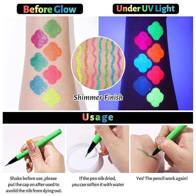BOBISUKA UV Shimmer Glow Liquid Eyeliner Set, 7 Colors Glitter Neon Colored Eyeliners Pen, Colorful Waterproof Pigmented Graphic Liners, Metallic Eye Makeup Kit for Rave Accessories Party