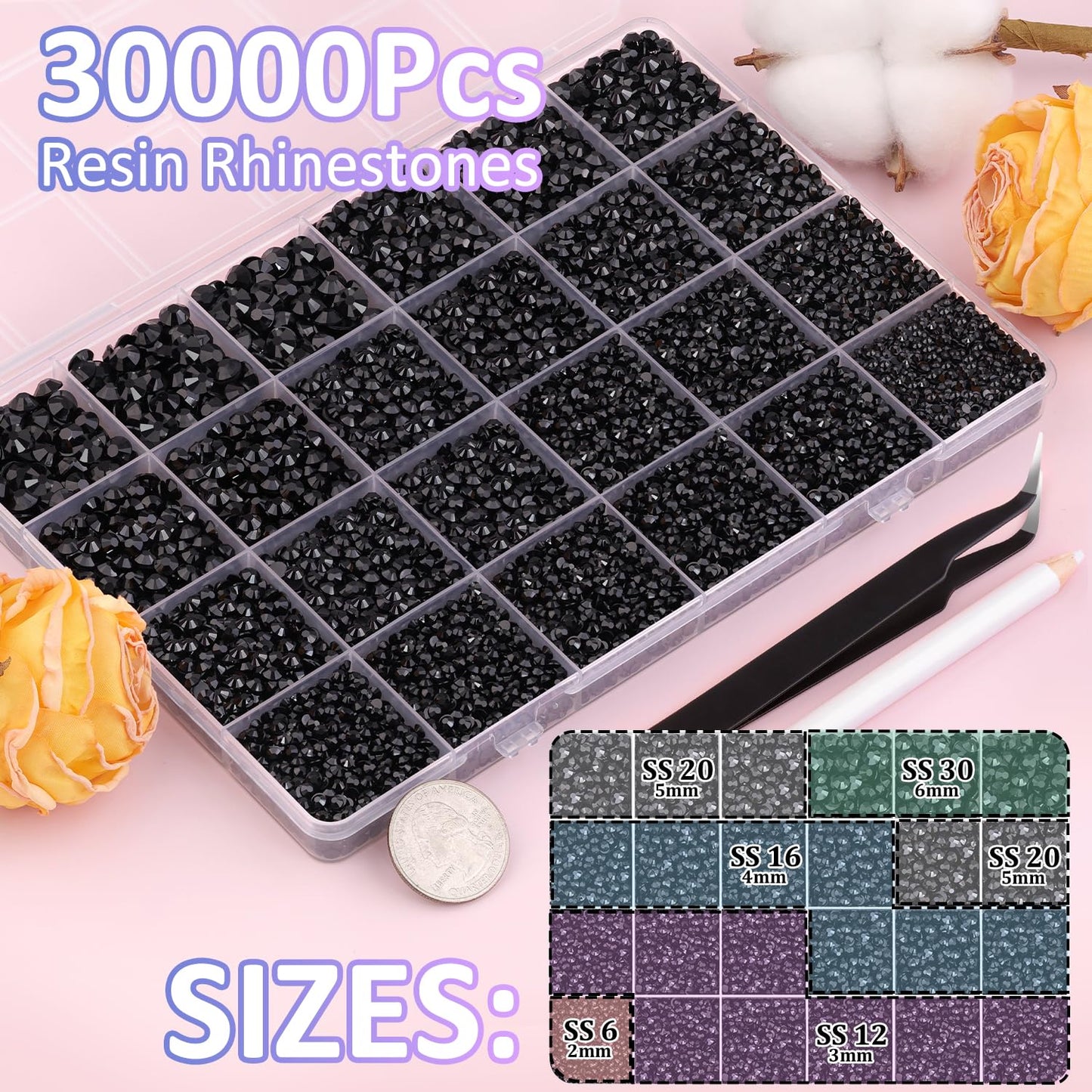 30000Pcs Black Rhinestones for Bedazzling with B7000 Jewelry Glue, Bedazzler Kit Flatback Gems, Resin Rhinestones for Crafting Crafts Clothing Shoes Fabric Nail Art Assorted Size 2/3/4/5/6mm