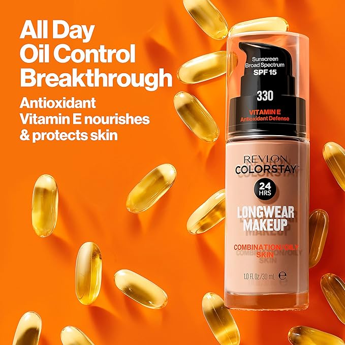 Revlon Liquid Foundation, ColorStay Face Makeup for Combination & Oily Skin, SPF 15, Medium-Full Coverage with Matte Finish, Shell (285), 1.0 oz