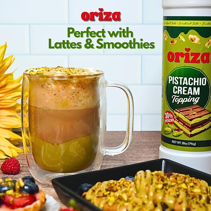 Oriza Pistachio Cream Topping, 28oz Bottle (Pack of 24) – Bulk Pistachio Spread with 30% Pistachios, Palm Oil Free, Non-GMO – Ideal for Cafes, Bakeries & Restaurants
