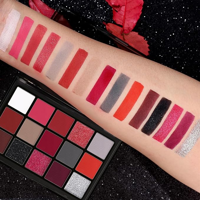 UCANBE Red Eyeshadow Makeup Palette, 15 Colors Burgunry Gray Silver Shimmer Matte Glitter Metallic Eye Shadow Pallet, Pigmented Make Up Kit for Halloween Parties Christmas Joker Vampire Clown