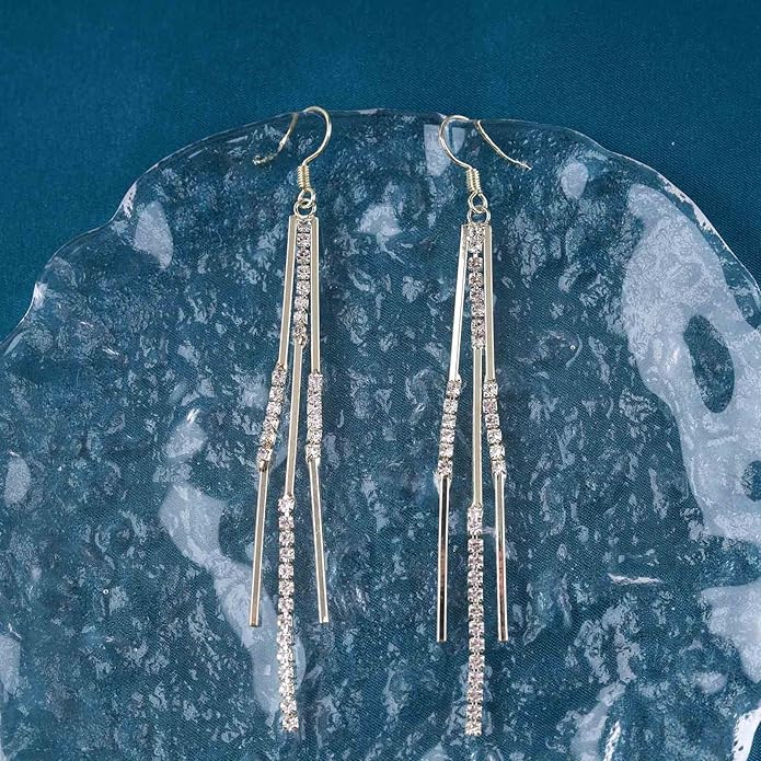 Vintage Crystal Tassel Earrings Rhinestone Bar Drop Earrings Long Rhinestone Chain Earrings Gold Cz Bar Hook Earrings Sparkle Tennis Chain Earrings Jewelry for Women