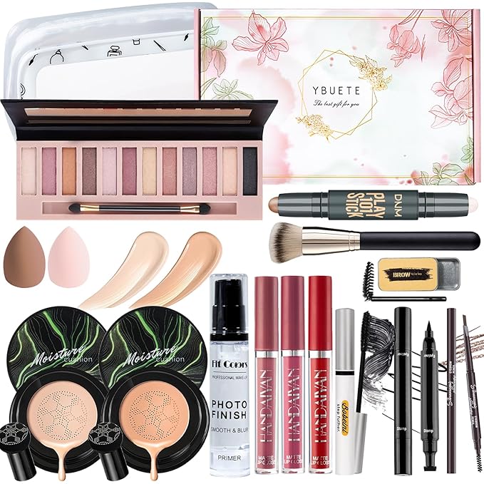 Makeup Kit Set for Women, Makeup Present for Women Teen Girl, Eyeshadow CC Cream Foundation Face Primer, Makeup Brush Sponge, Lipstick, Eyebrow Soap Pencil Mascara Eyeliner Cosmetic bag