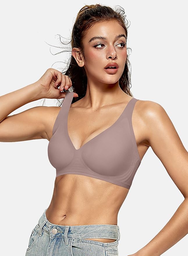 OEAK Womens Deep V Bras Wireless Comfortable Bra Supportive No Underwire Bras Tshirt Push Up Bralettes Plunge Seamless Bra