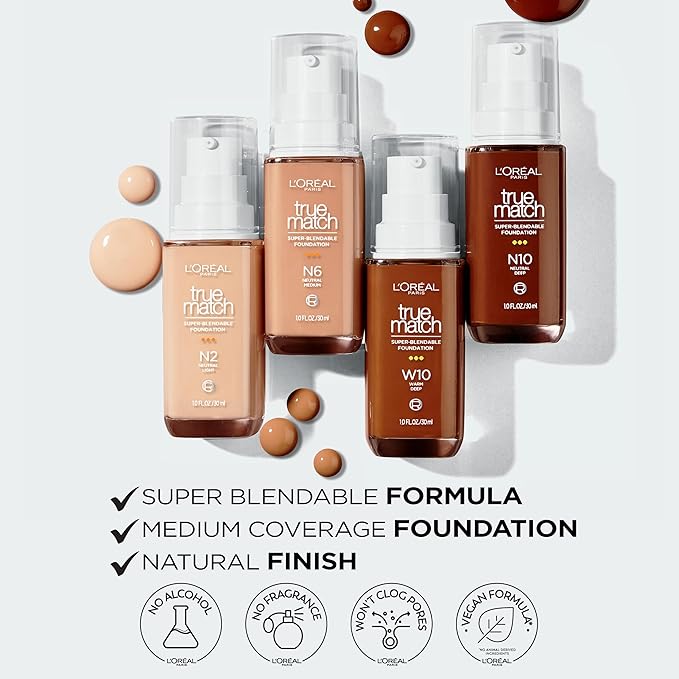 L'Oreal Paris True Match Super-Blendable Foundation, Medium Coverage Liquid Foundation Makeup, N6.5, Medium Deep, 1 Fl Oz