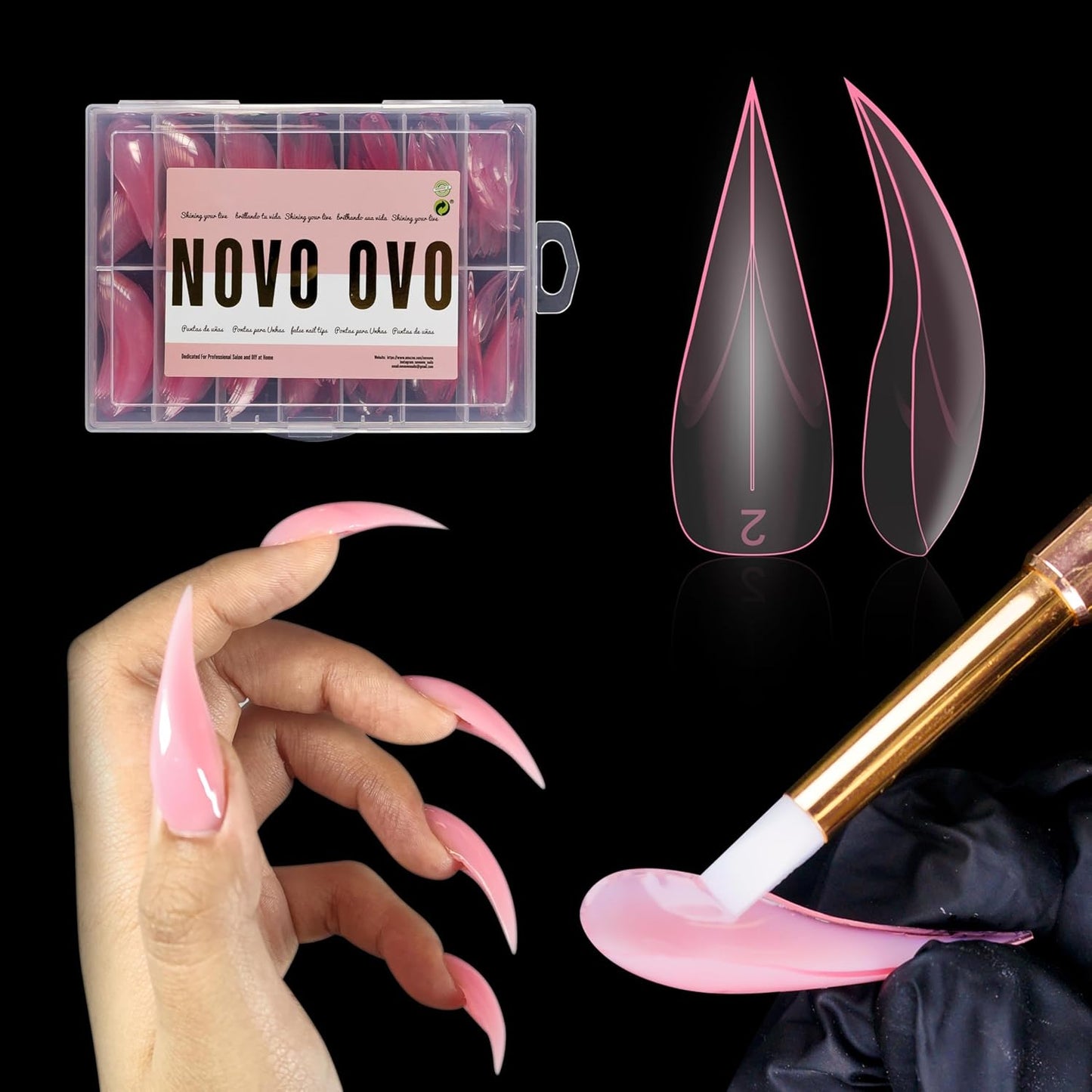 Halloween Curved Stiletto 3D PINK Nail Dual Forms for Poly Gel Extension of Eagle Claw, XL XXL Hawk Curve Sculptural Acrylic Nails, Reusable Molds Nail Art Design 280 Pcs 14 sizes