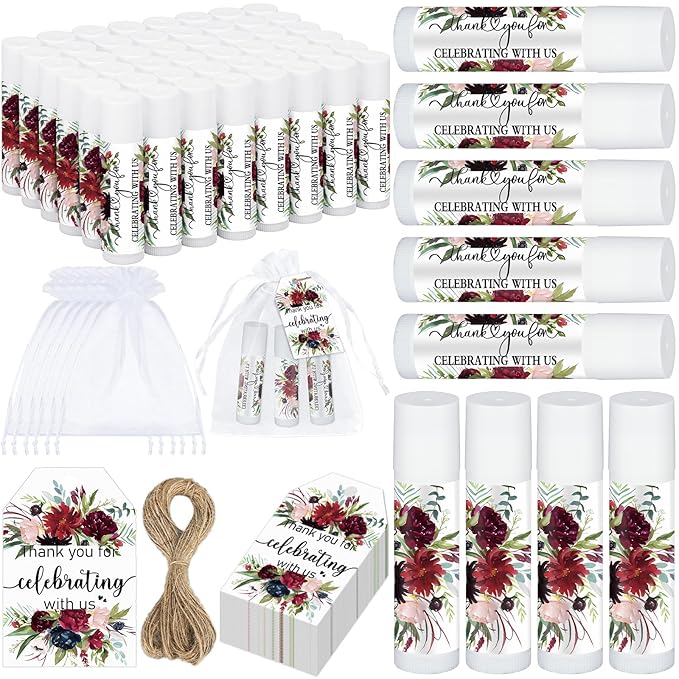 Dunzy 50 Pack Bridal Shower Favors Gifts Bulk Burgundy Floral Lip Balms Party Supplies Wedding Party Favors Bachelorette Prizes Souvenirs Thank You Appreciation Gifts for Guests Women Coworker Staff