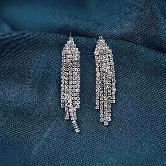 Vintage Rhinestone Chandelier Tassel Earrings Crystal Chain Drop Earrings Gold Long Tennis Chain Earrings Shine Chandelier Bridal Earrings Jewelry for Women