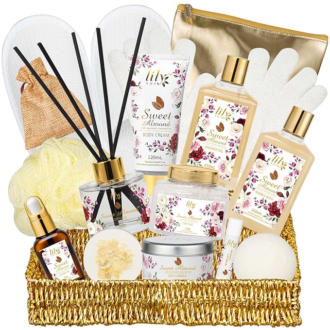 Mothers Day Gifts for Mom Spa Gift Basket Set for Women 17-Piece Almond Luxury Spa Gift Set Bath & Body Care Kit with Shower Gel, Body Cream | Valentine's, Christmas, Birthday Gifts for Her, Wife, Mom
