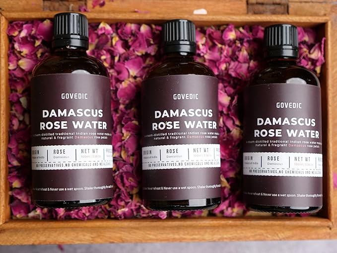 govedic Rose Water for Cooking, Baking, Cocktails | 100% Food Grade Rose Water | Face & Hair Care | Steam-Distilled Edible Damask Rose | 100 ml 3.38 Oz