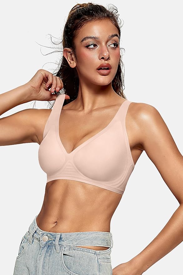 OEAK Womens Deep V Bras Wireless Comfortable Bra Supportive No Underwire Bras Tshirt Push Up Bralettes Plunge Seamless Bra