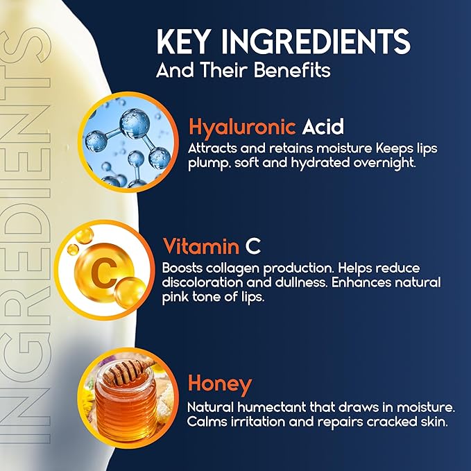 Lip Mask Overnight with Hyaluronic Acid & Collagen, Lip Sleeping Mask for Dry Cracked Lips, Moisturizing, Hydrating, Exfoliating Night Treatment for Lip Care (Peach) (0.7, Honey)
