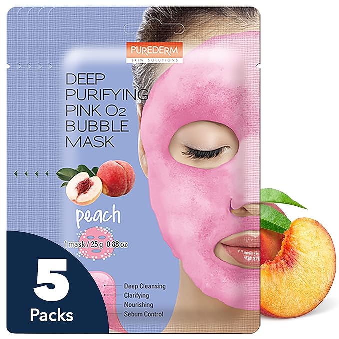 Purederm Deep Purifying Pink O2 Bubble Mask Peach (5 Pack) – Bubble Face Sheet Mask for Purifying & Moisturizing