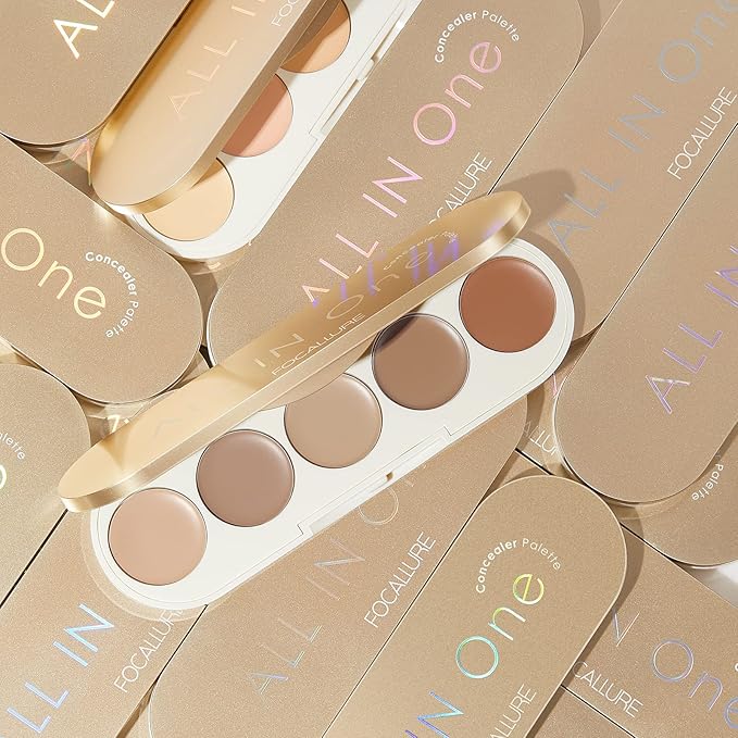 FOCALLURE #GoldenAge 5 in 1 Multi Uses Concealer Palette, 5 Colors Correcting Conceal Palette, Camouflage Contour Palettes for Dark Circles, Face Contouring Highlighter Pallet, NE02 MEDIUM-DEEP