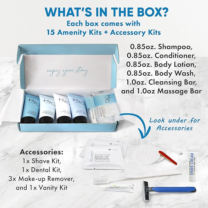 H2O Therapy Amenity & Accessory Kit | 0.85 oz Travel Size Shampoo, Conditioner, Lotion, Body Wash, Massage Bar, Cleansing Bar, Shave & Dental Sets, Make-Up Remover Wipes, & Vanity Kit | 15 sets/case