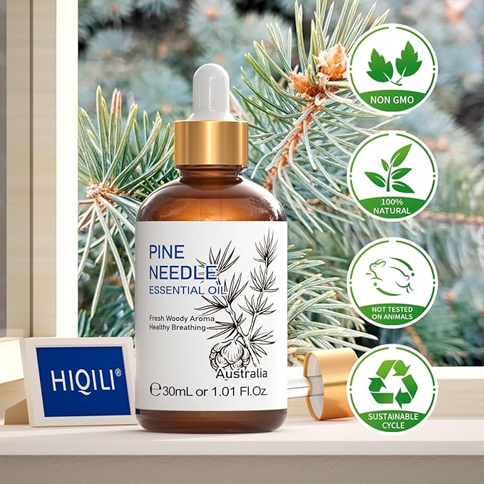 HIQILI Pine Needle Essential Oil, Strong Fresh Woody Fragrance for Better Breath Used with Aromatherapy Diffuser, Soap Candle Making Scent, DIY Perfume, Beard Shave and Cleaning Spray - 30ml