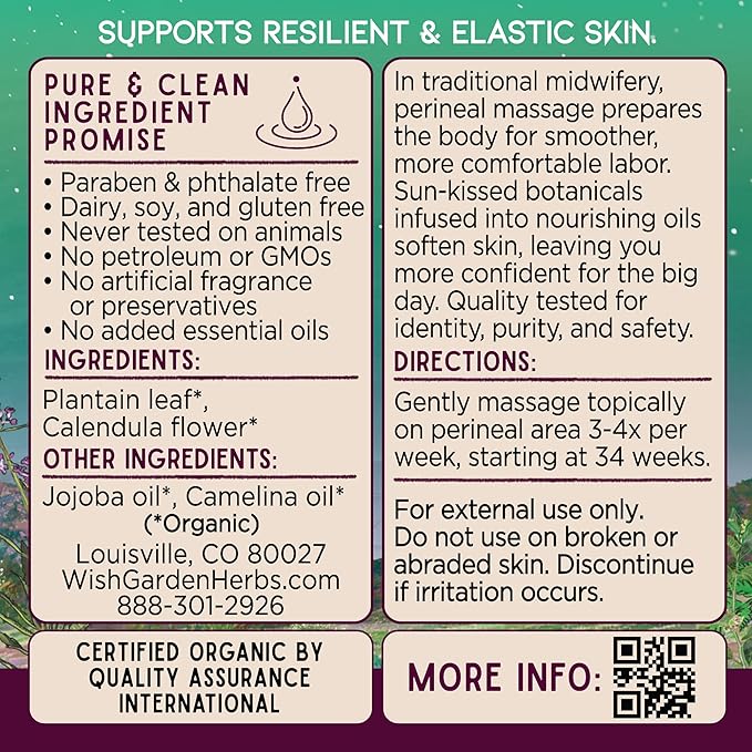 WishGarden Herbs Perineal Massage Oil - Certified Organic Herbal Oil Infusion with Plantain Leaf, Calendula & Jojoba Oil, Supports Skin Elasticity & Prevents Perineum Tearing During Childbirth, 2oz
